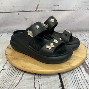 Crocs‎ Sandals Womens Size 9 Black Crush With Jibbitz Charms Chunky Slip On